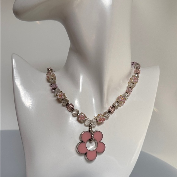 925 sterling silver enamel Pink FlowerCrystals Pendant Necklace​